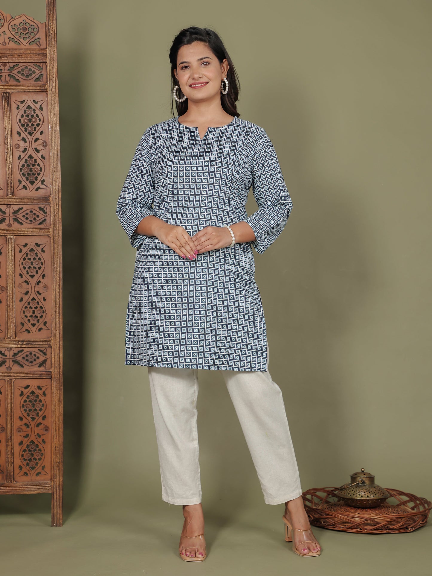 Soft Cotton Geometric Straight Blue Kurti