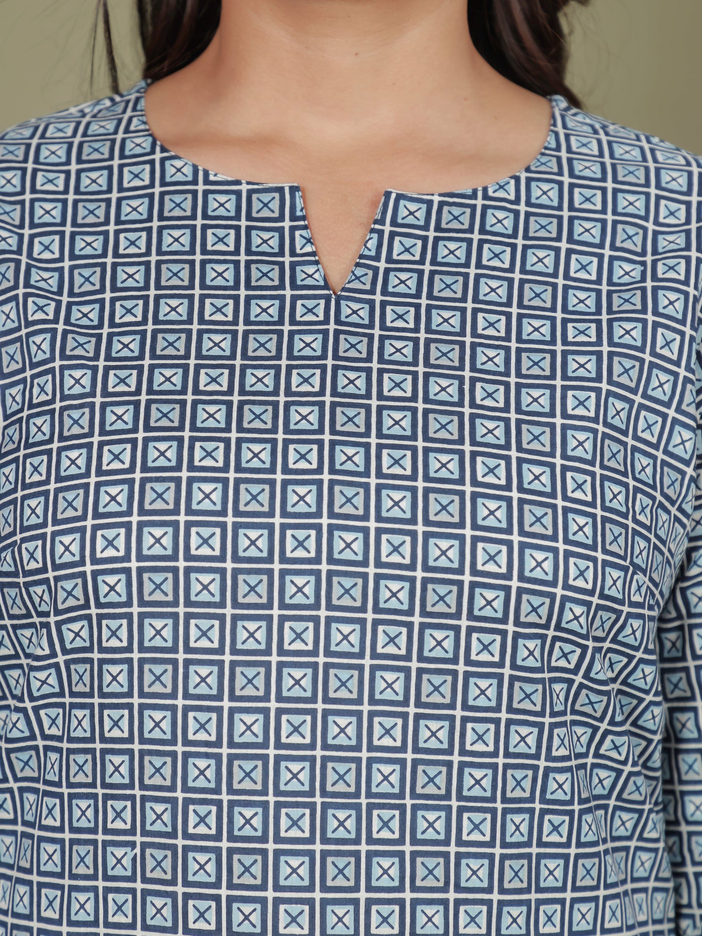 Soft Cotton Geometric Straight Blue Kurti