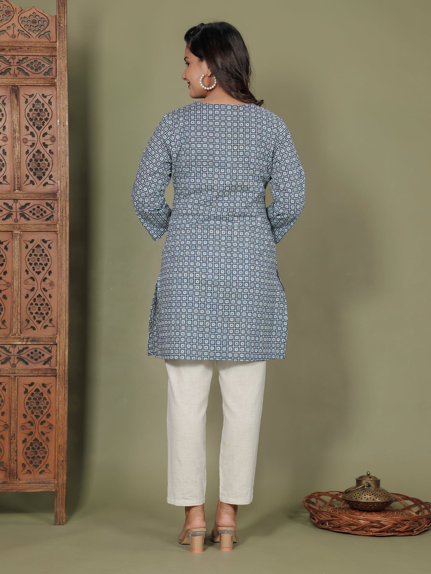 Soft Cotton Geometric Straight Blue Kurti