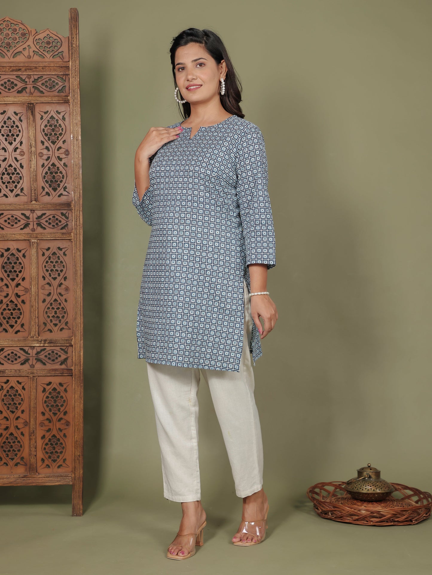 Soft Cotton Geometric Straight Blue Kurti