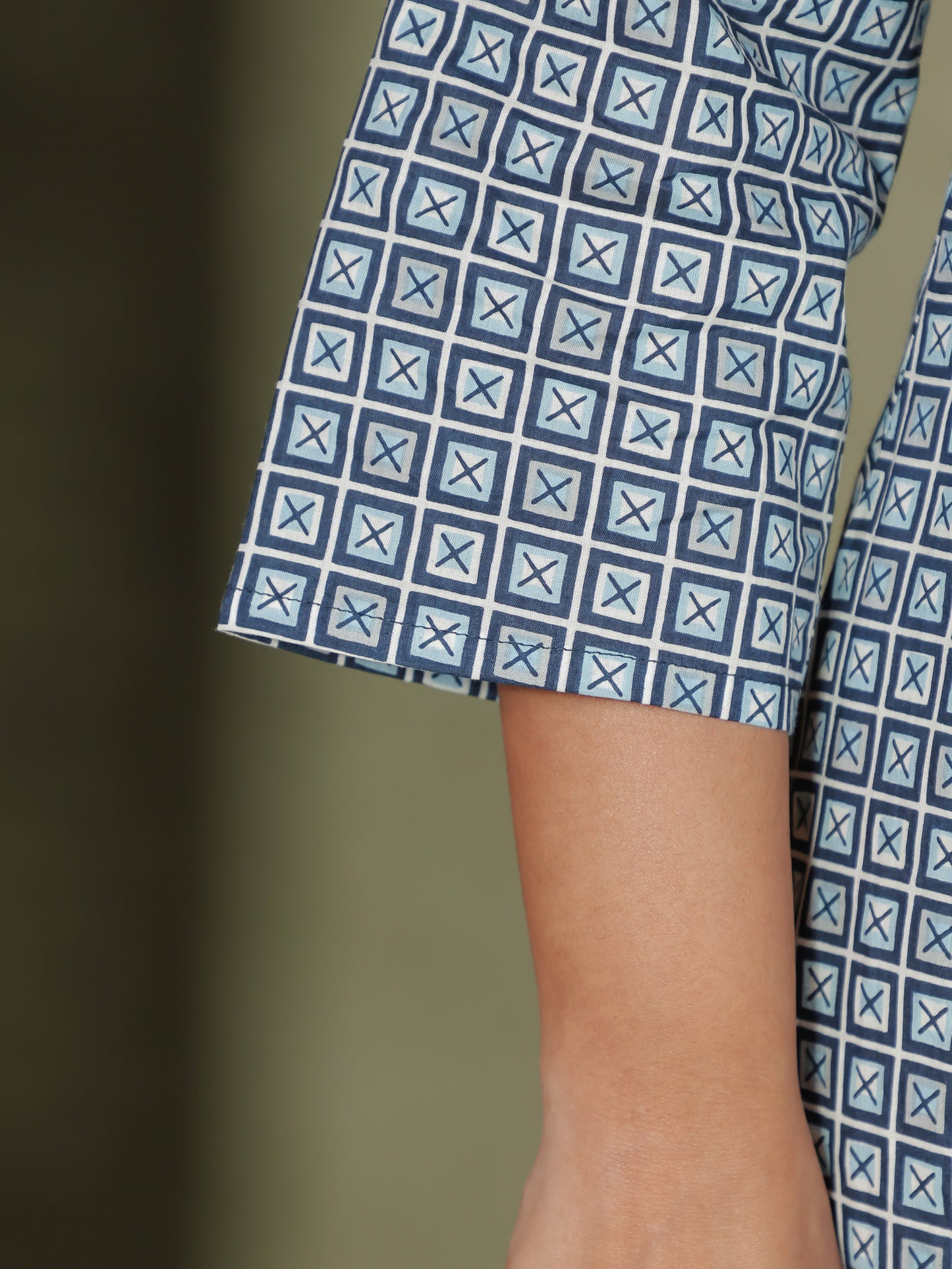 Soft Cotton Geometric Straight Blue Kurti