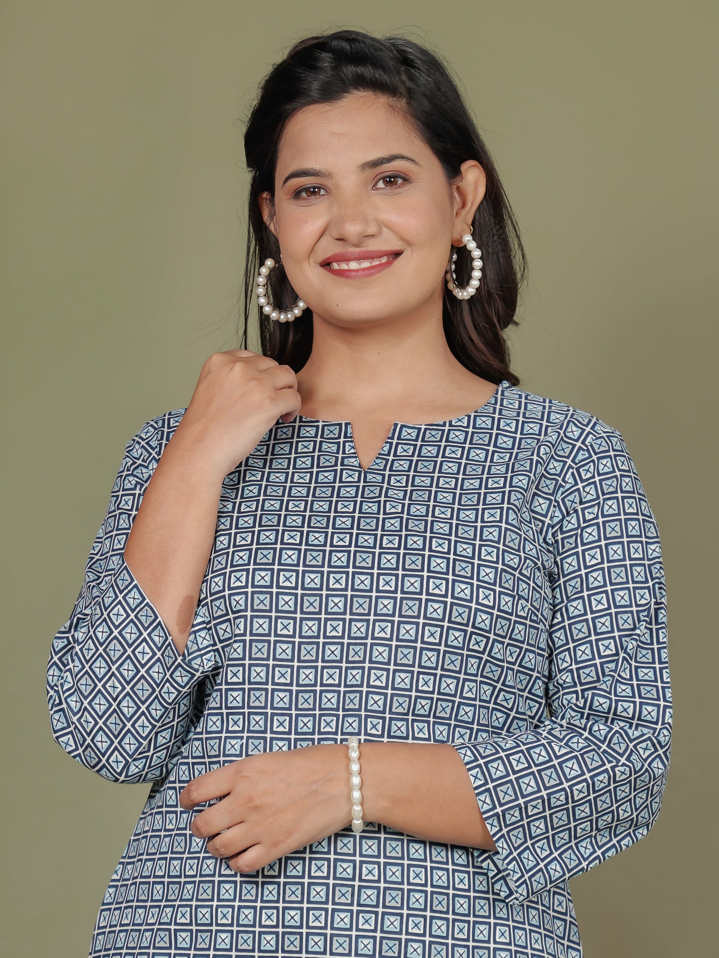 Soft Cotton Geometric Straight Blue Kurti