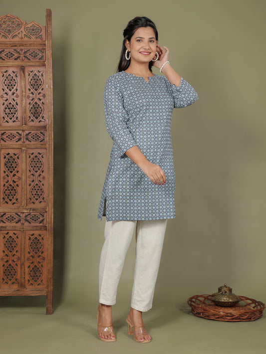 Soft Cotton Geometric Straight Blue Kurti