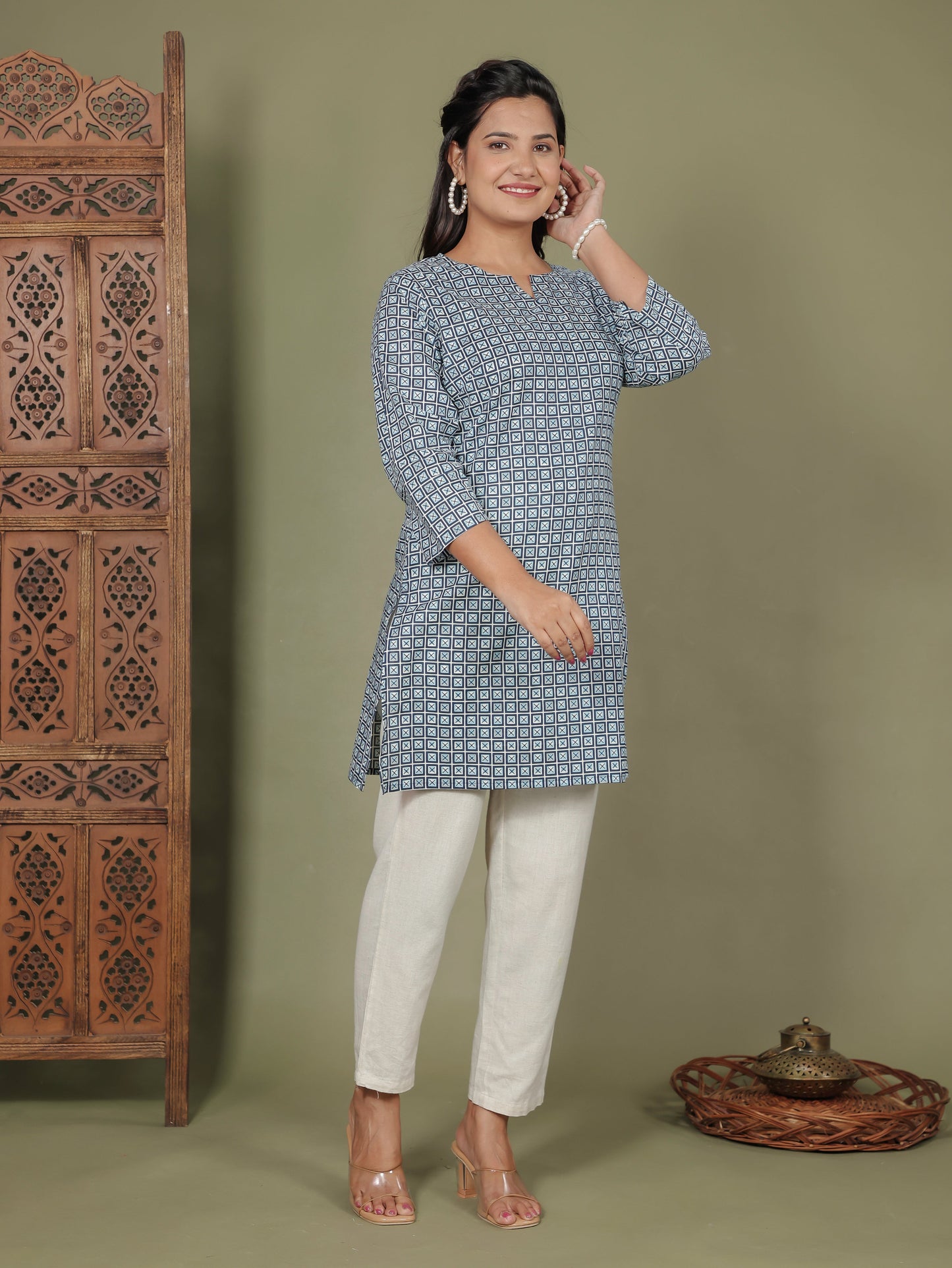 Soft Cotton Geometric Straight Blue Kurti