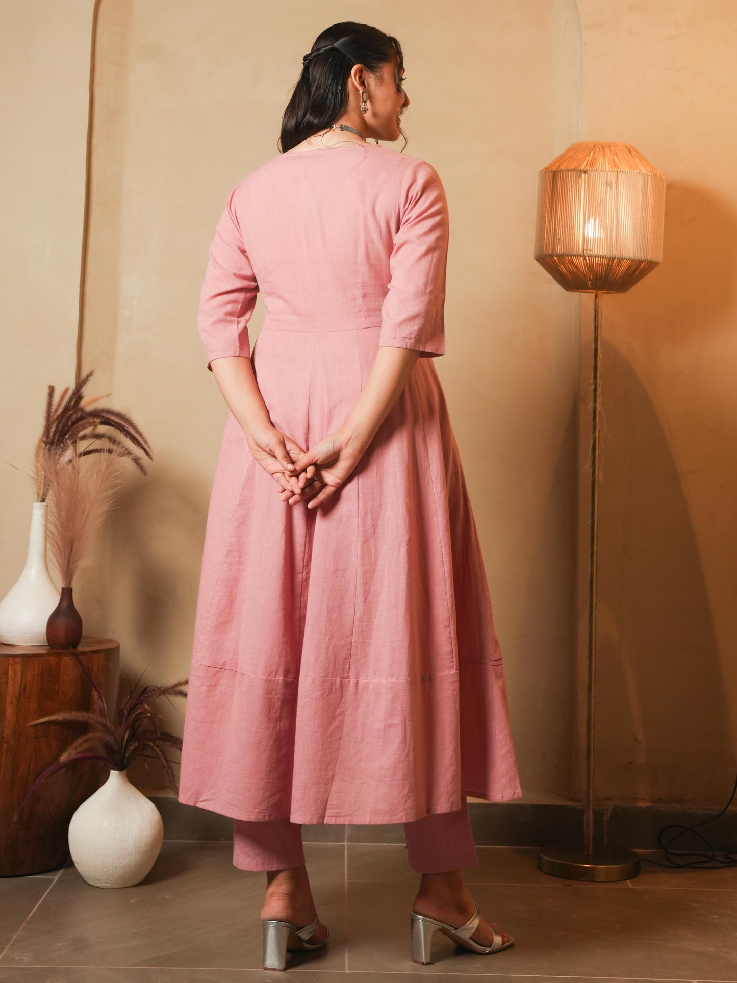 Embroidered Natural Cotton Solid Anarkali Pink