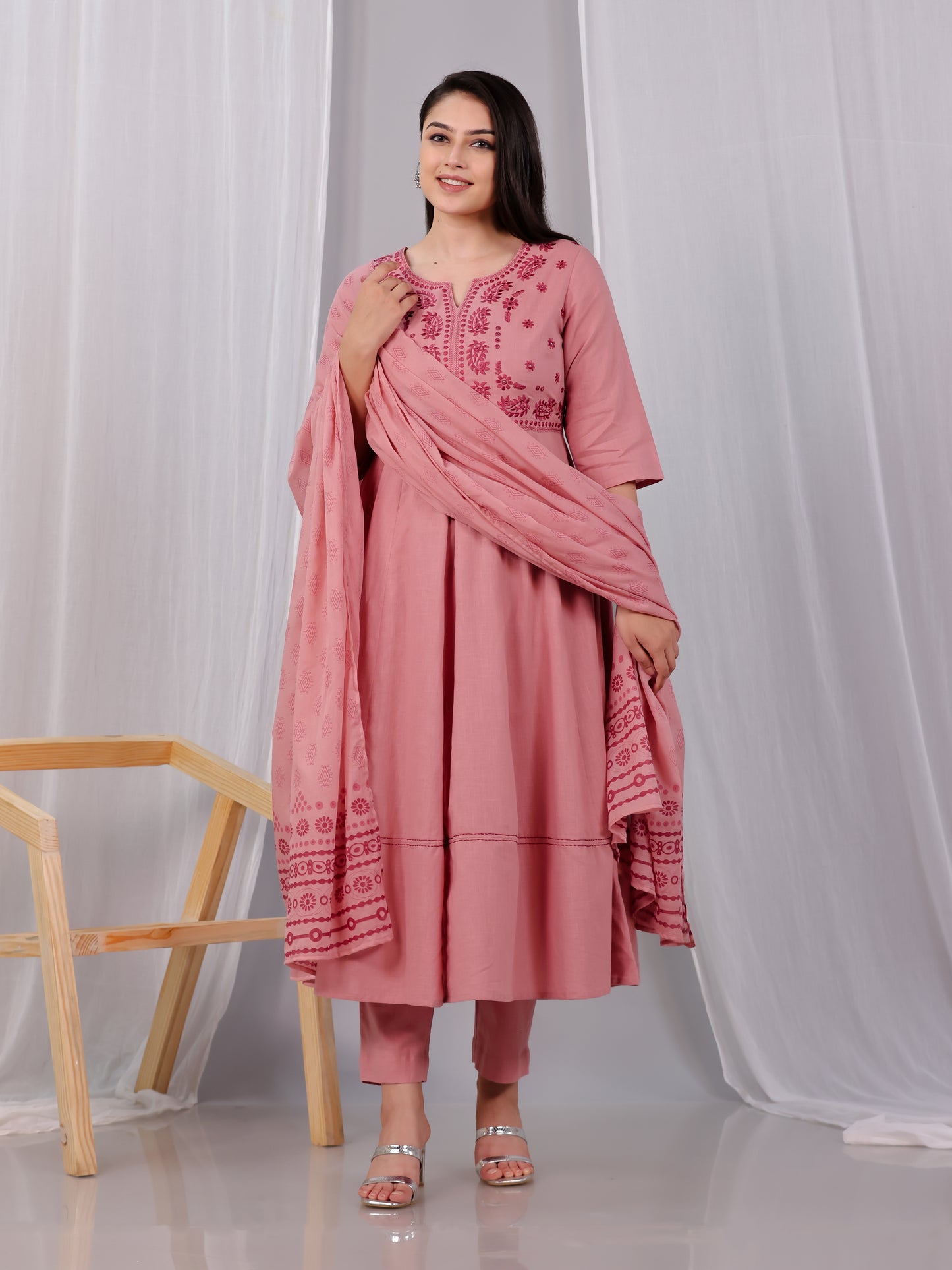Embroidered Natural Cotton Solid Anarkali Pink Kurta