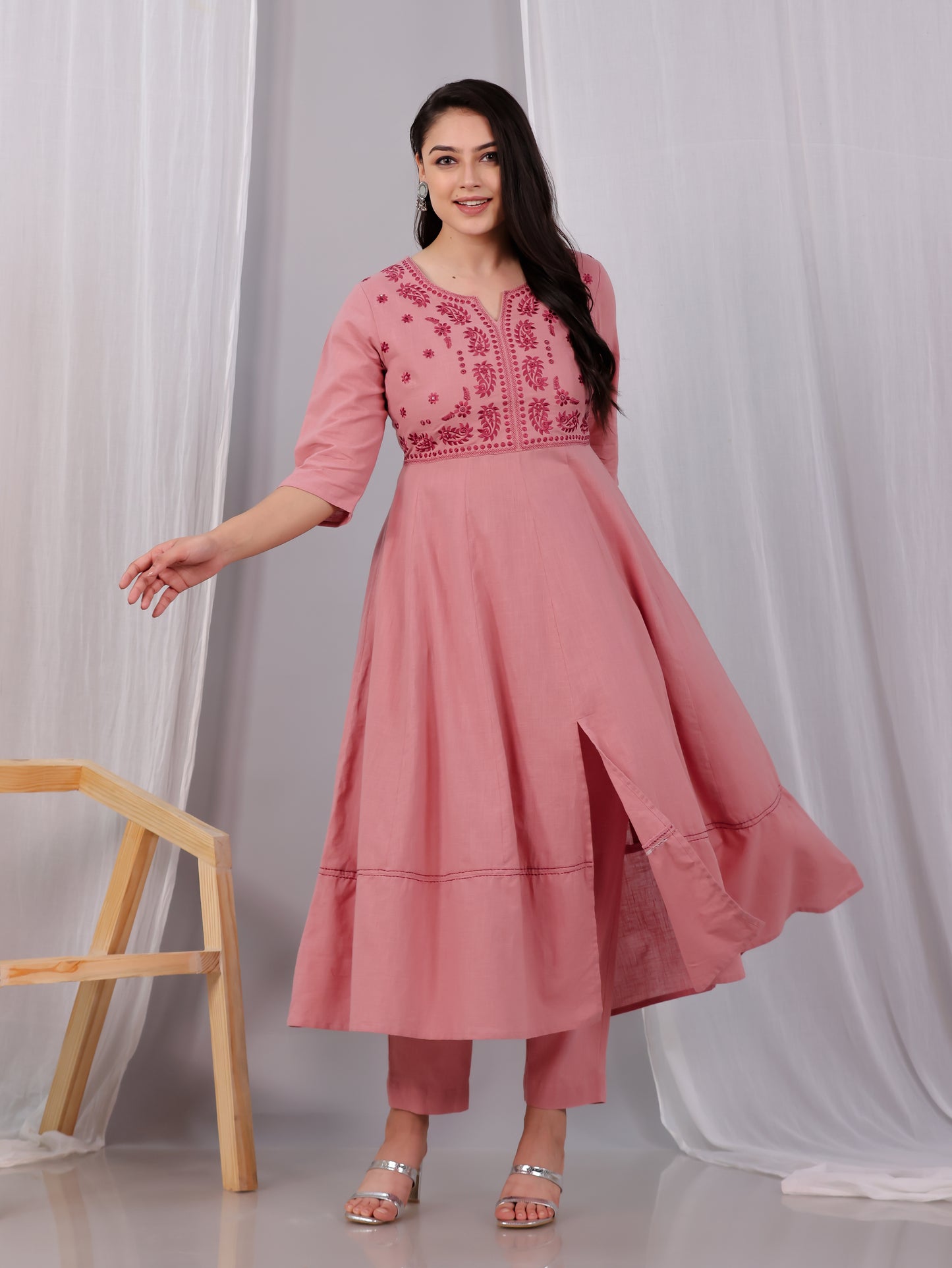 Embroidered Natural Cotton Solid Anarkali Pink Kurta