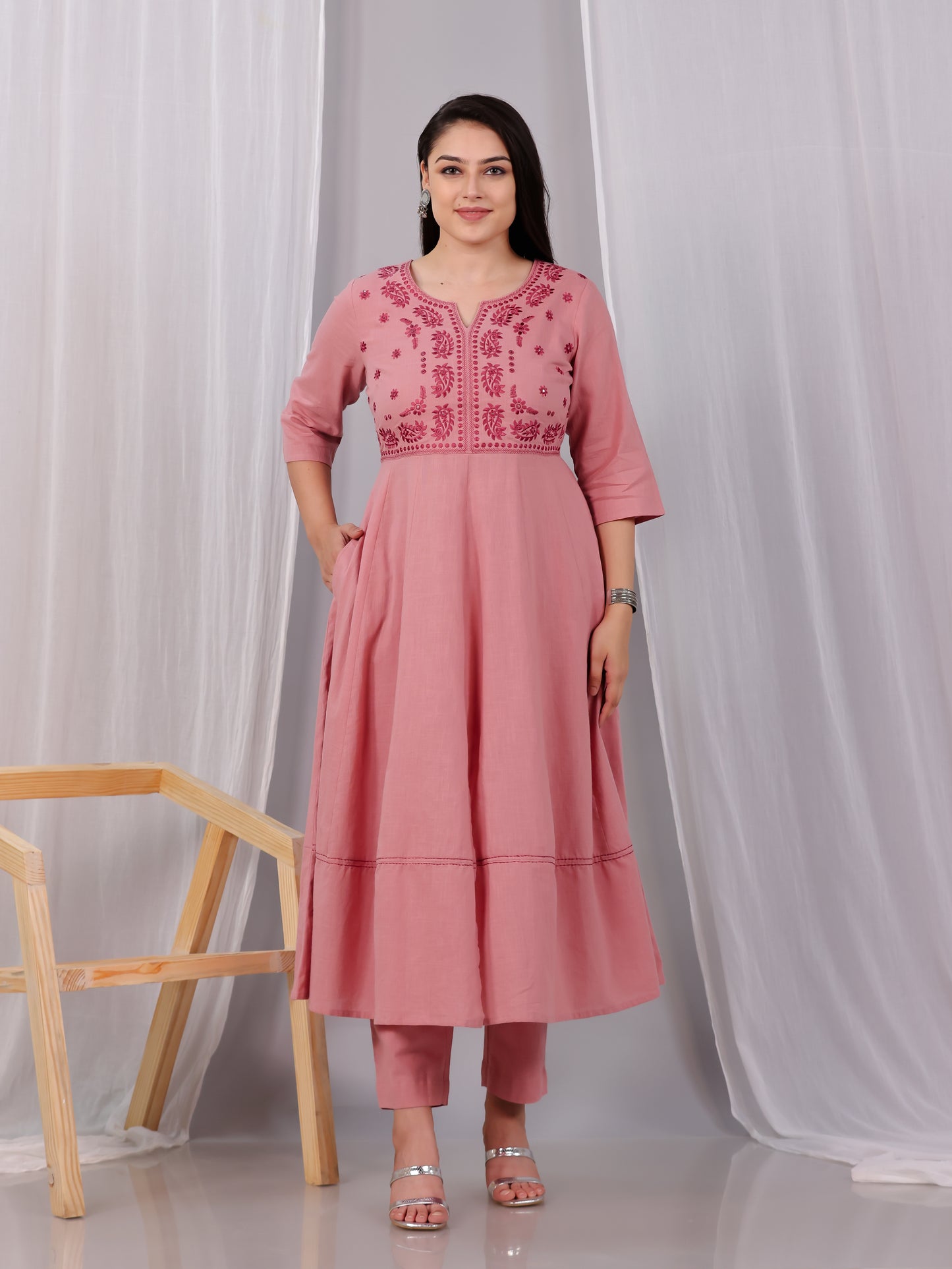 Embroidered Natural Cotton Solid Anarkali Pink Kurta