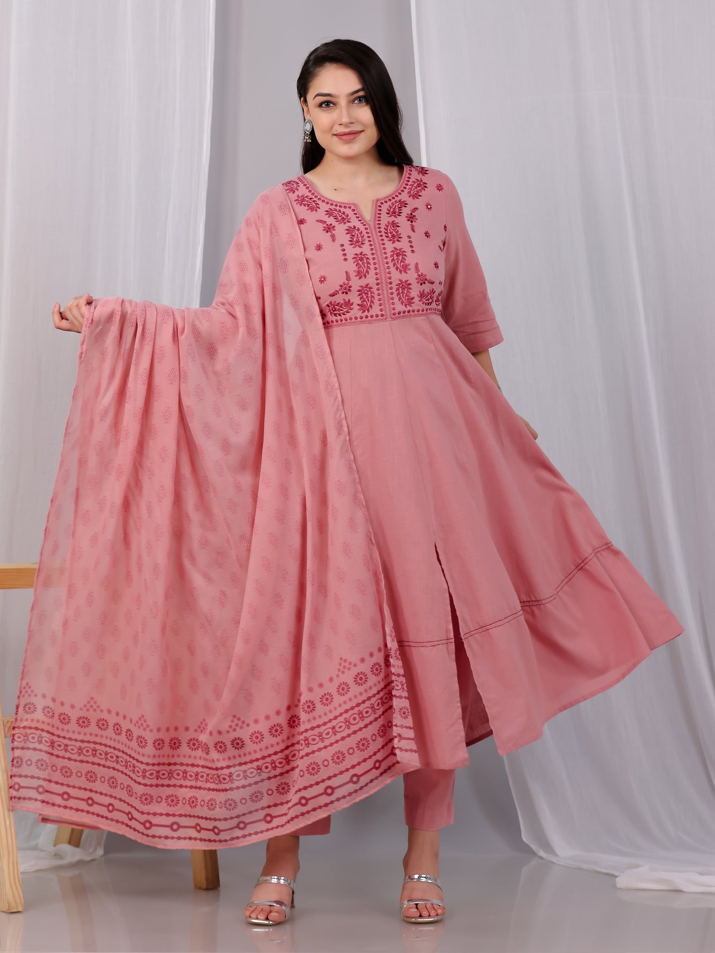 Embroidered Natural Cotton Solid Anarkali Pink Kurta