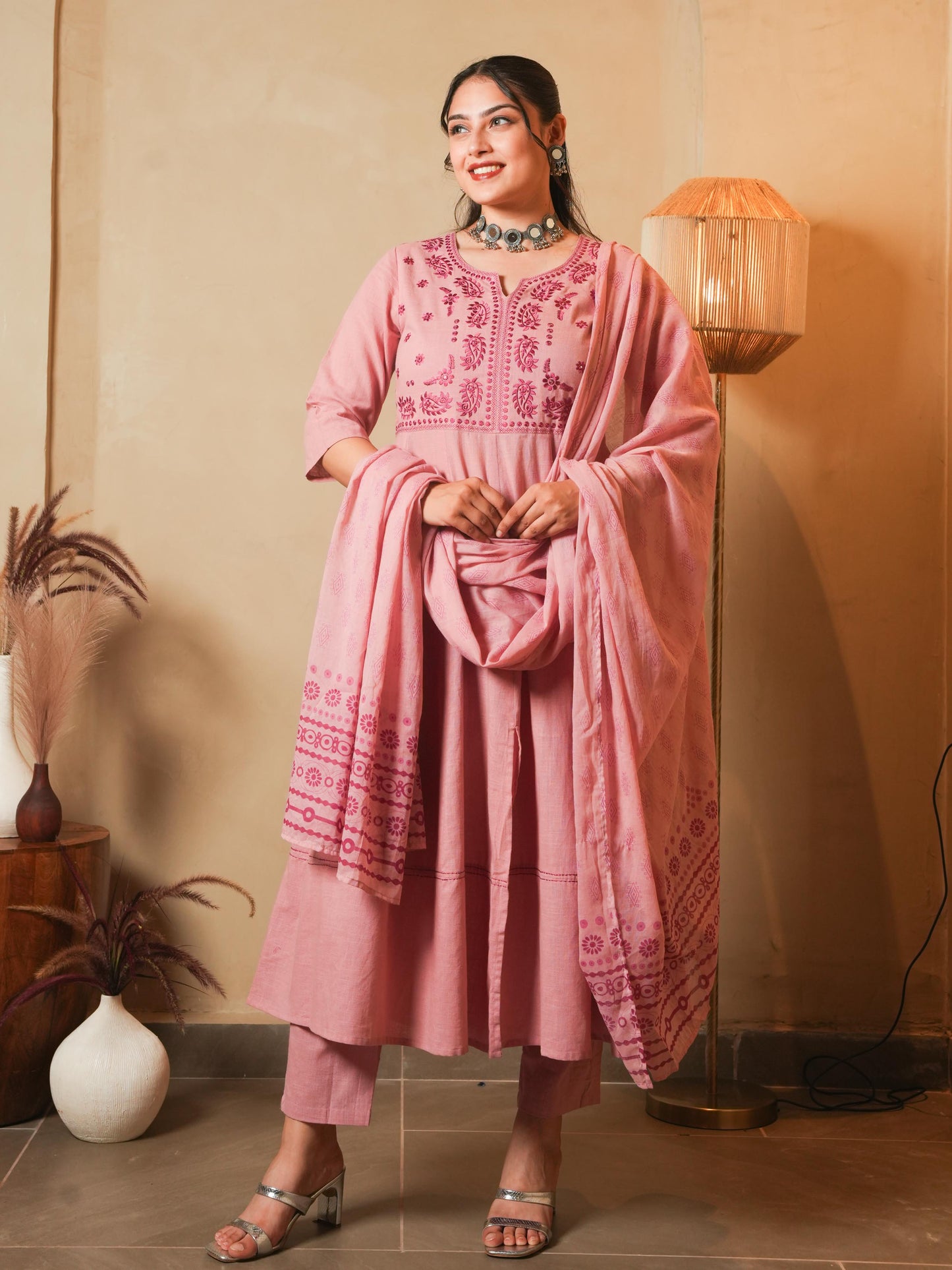 Embroidered Natural Cotton Solid Anarkali Pink