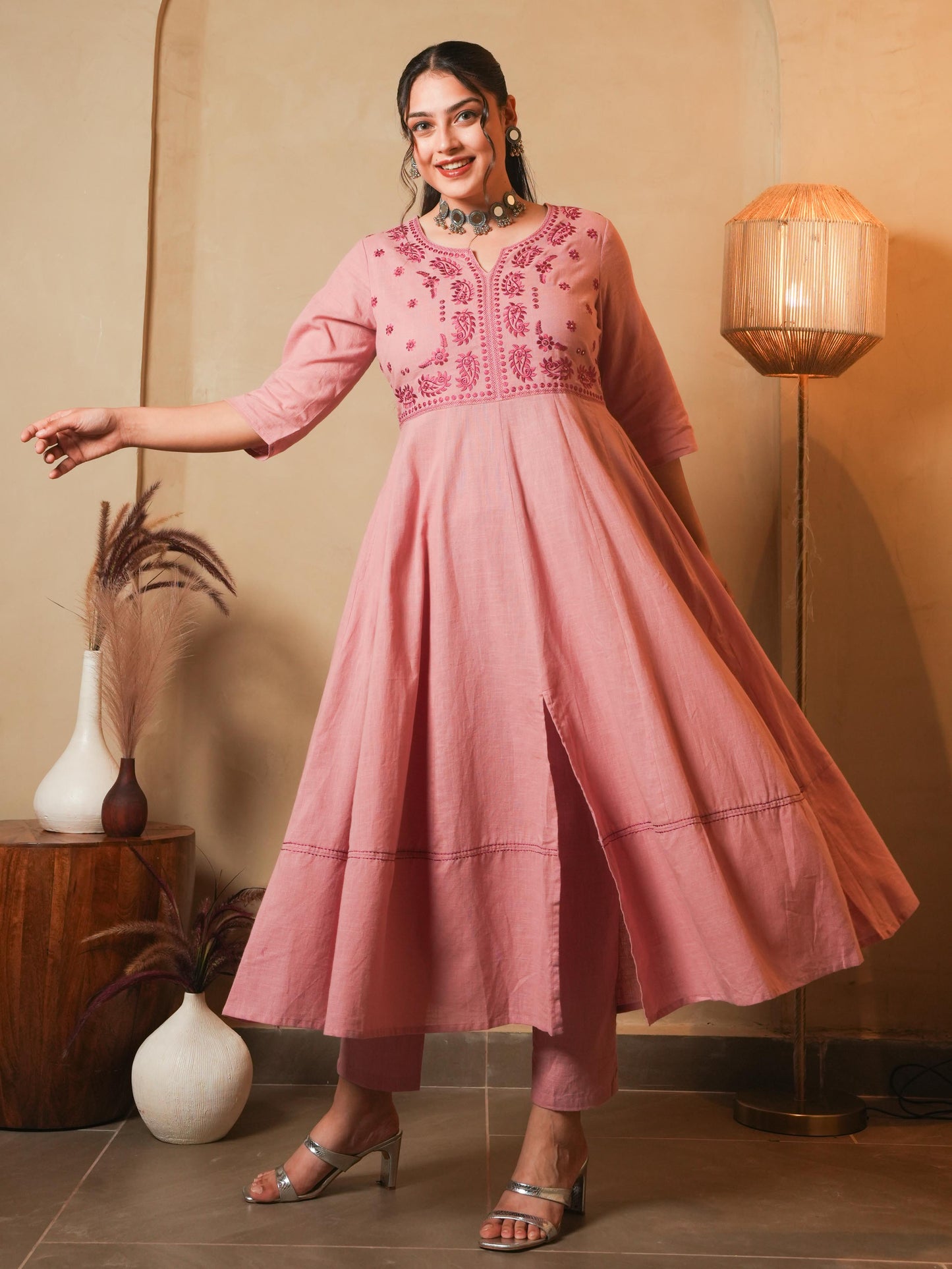 Embroidered Natural Cotton Solid Anarkali Pink