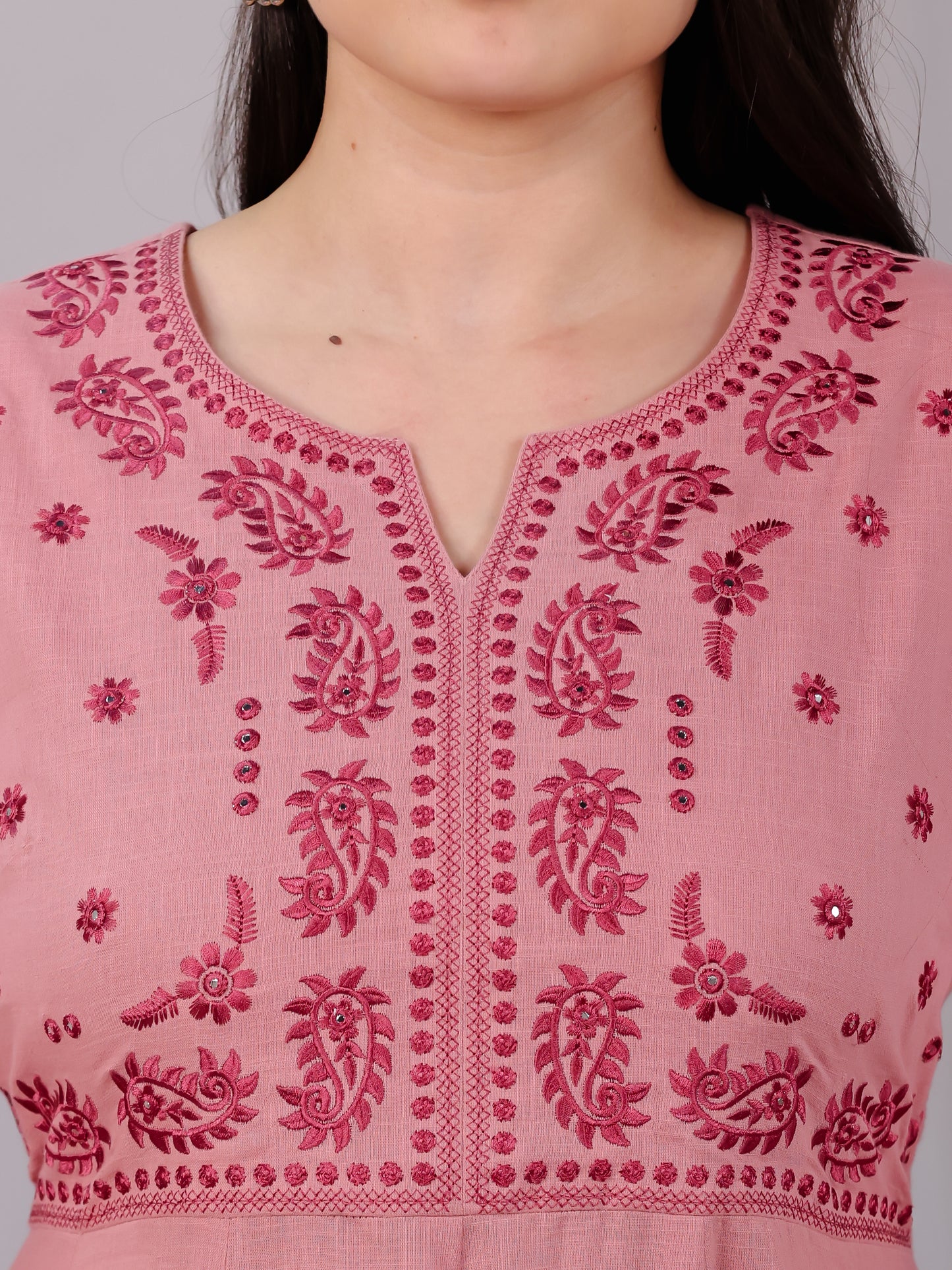 Embroidered Natural Cotton Solid Anarkali Pink Kurta