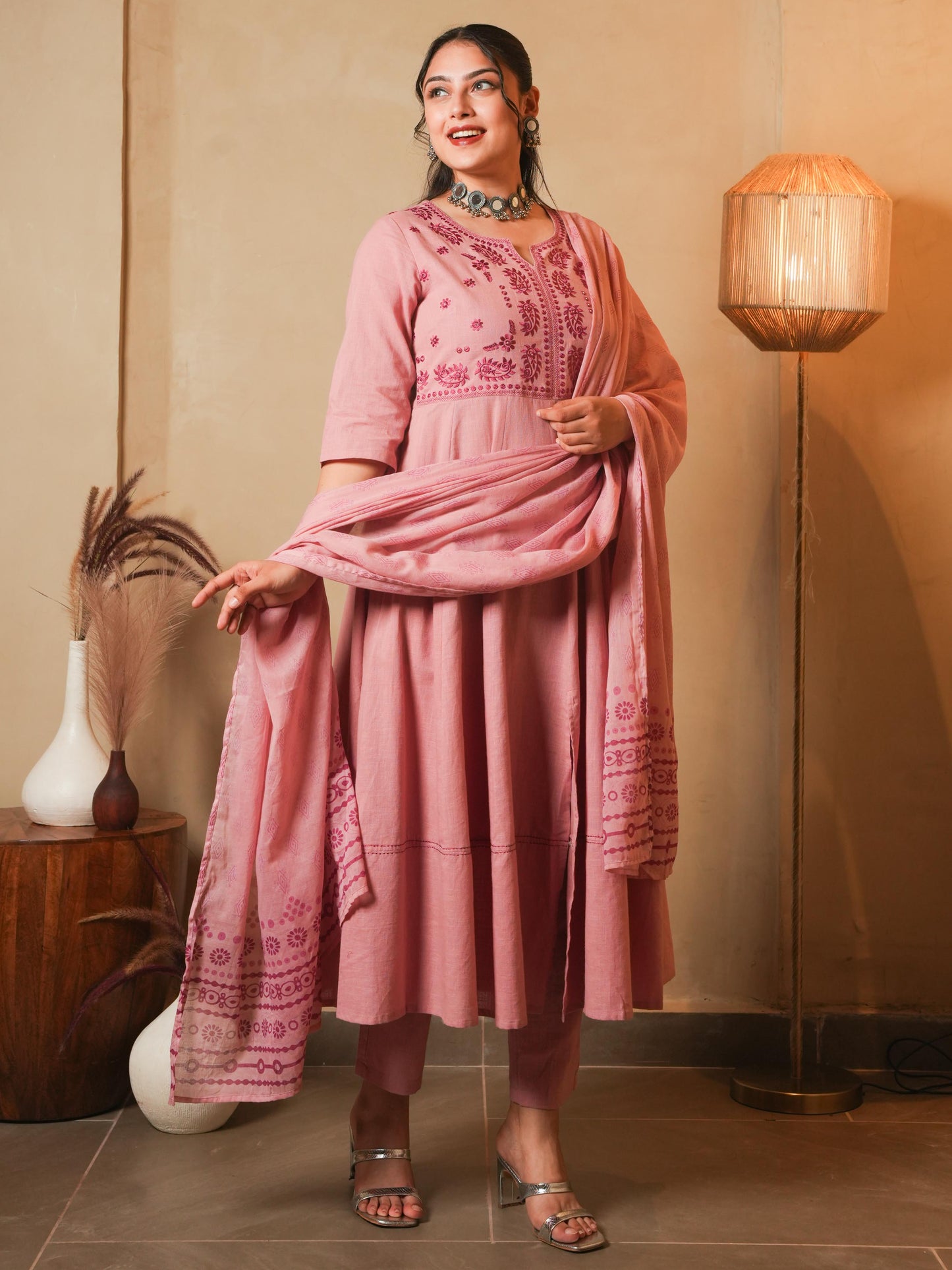Embroidered Natural Cotton Solid Anarkali Pink