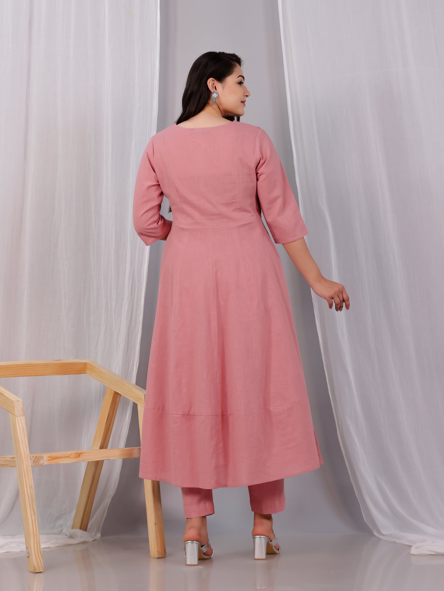 Embroidered Natural Cotton Solid Anarkali Pink Kurta