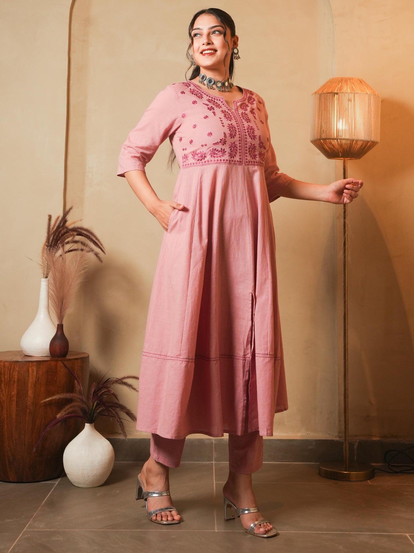 Embroidered Natural Cotton Solid Anarkali Pink