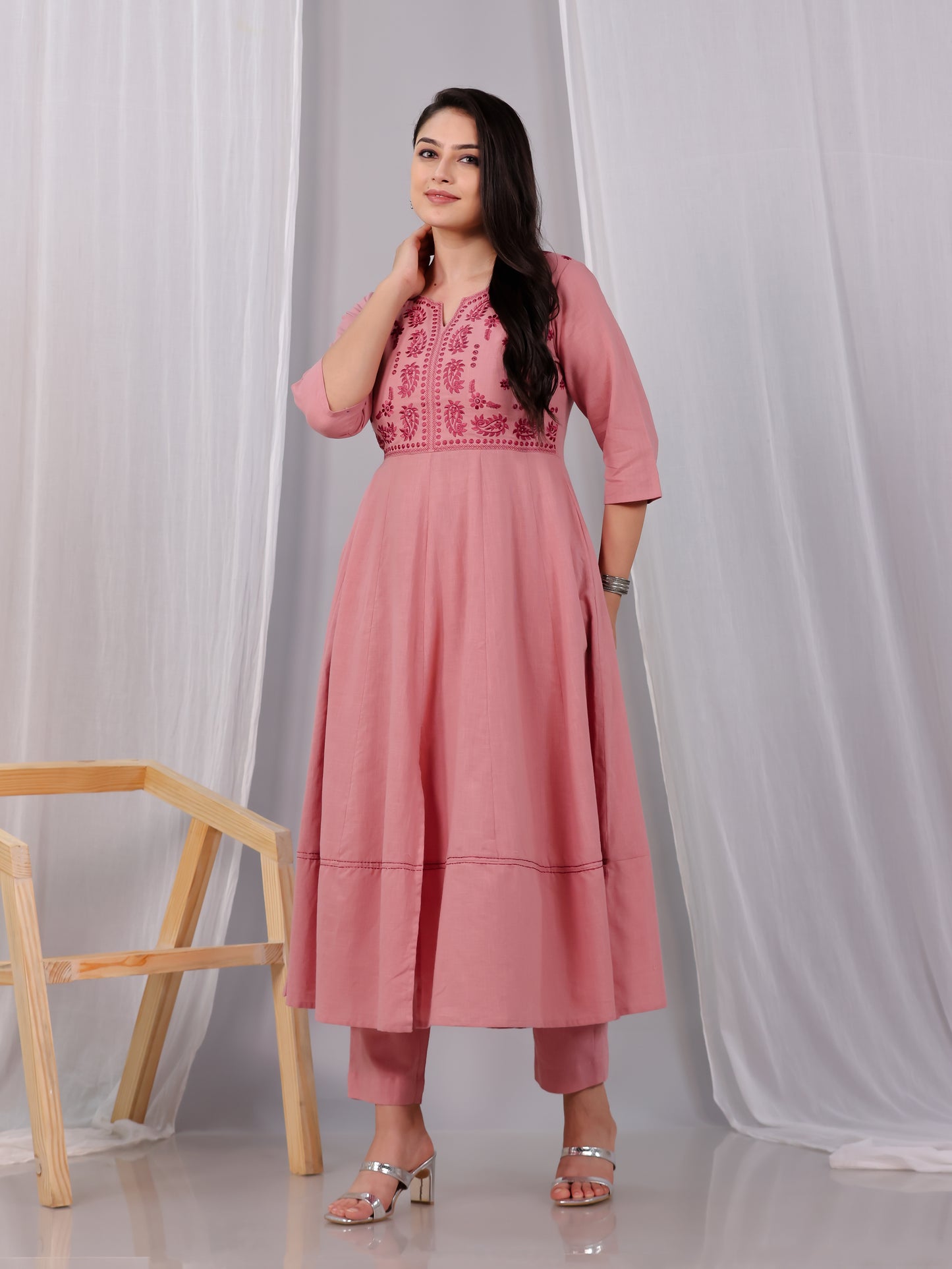 Embroidered Natural Cotton Solid Anarkali Pink Kurta