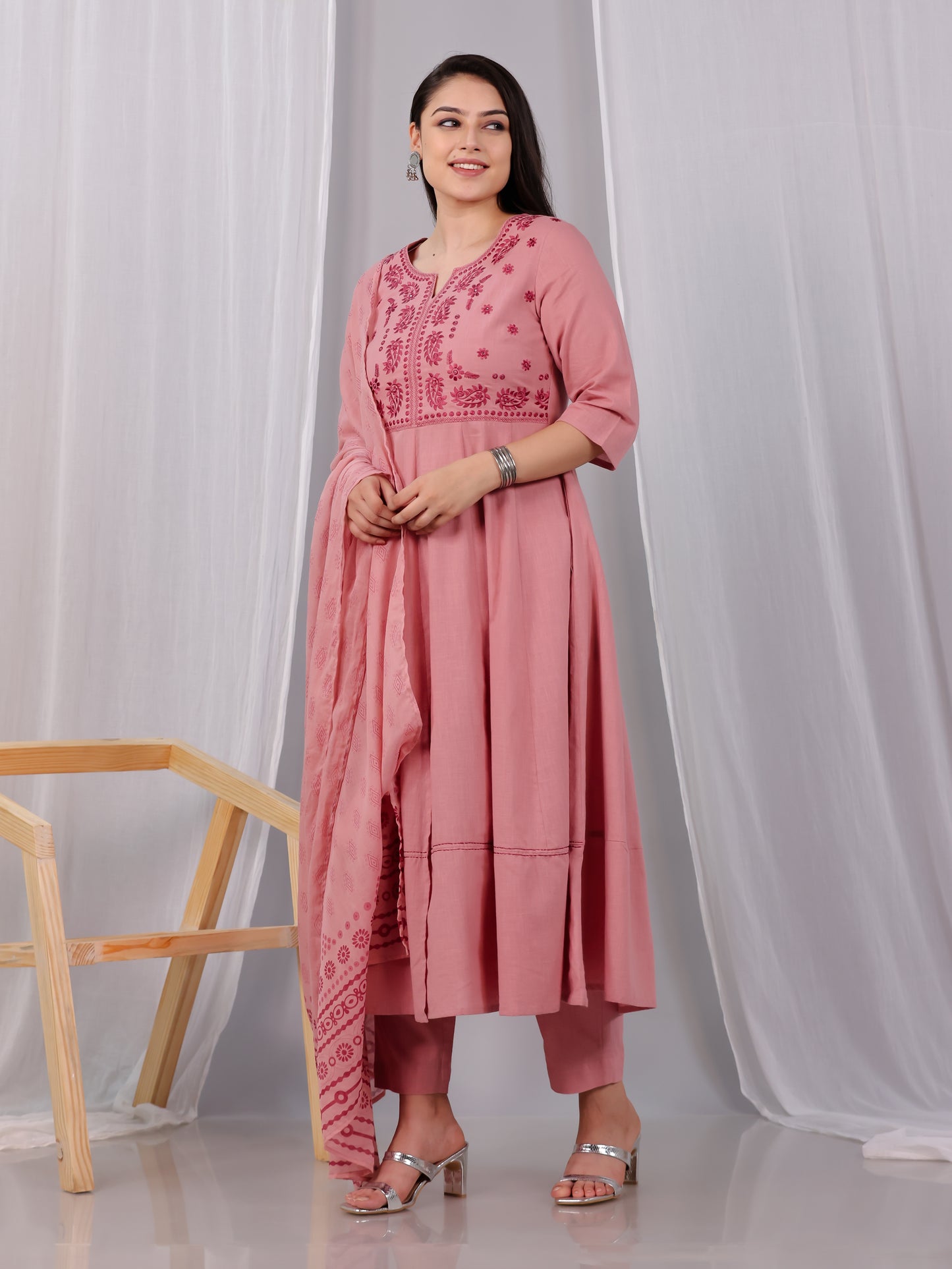 Embroidered Natural Cotton Solid Anarkali Pink Kurta