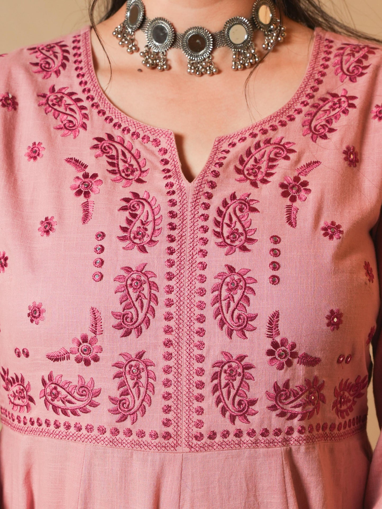 Embroidered Natural Cotton Solid Anarkali Pink
