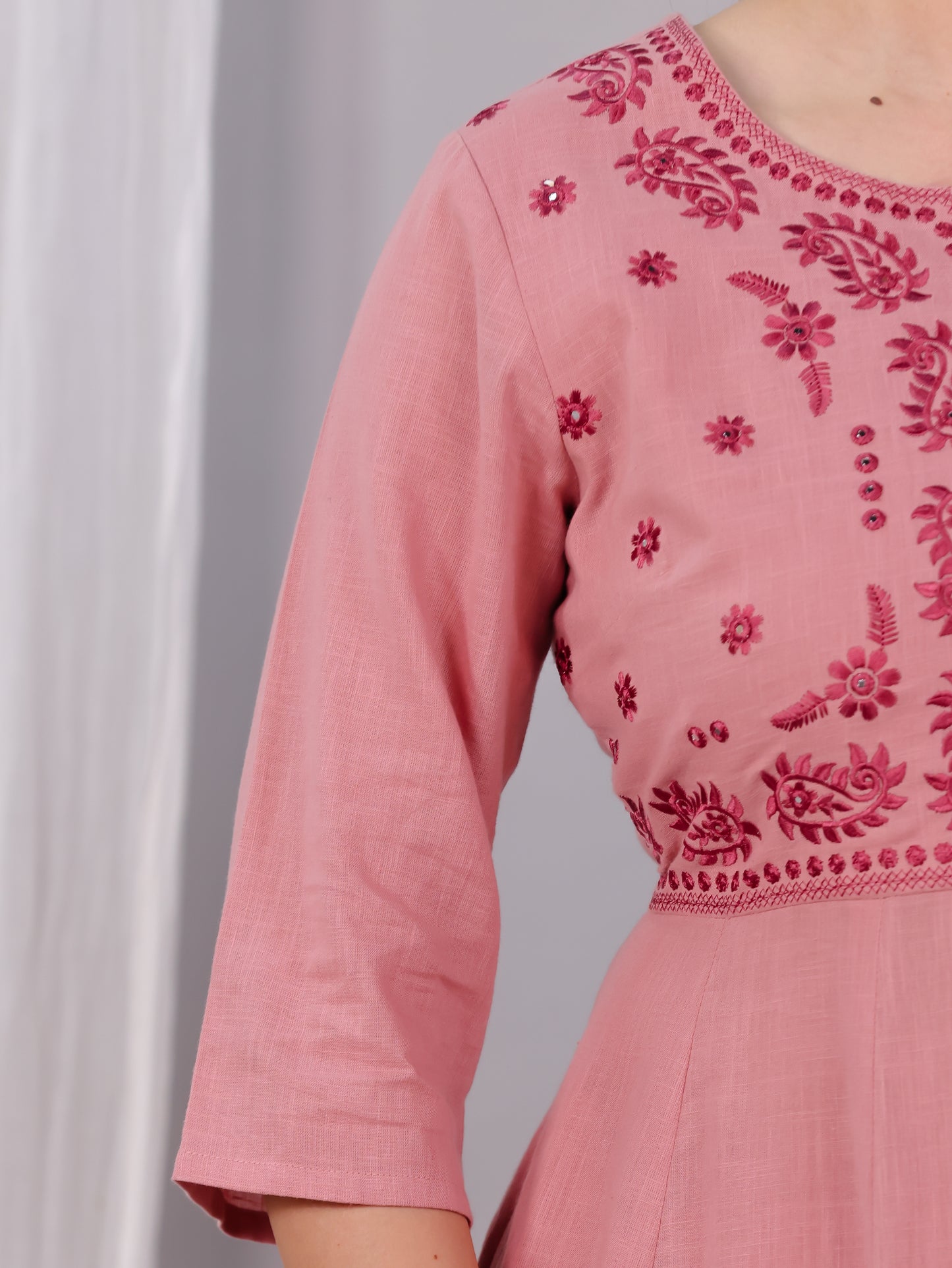 Embroidered Natural Cotton Solid Anarkali Pink Kurta
