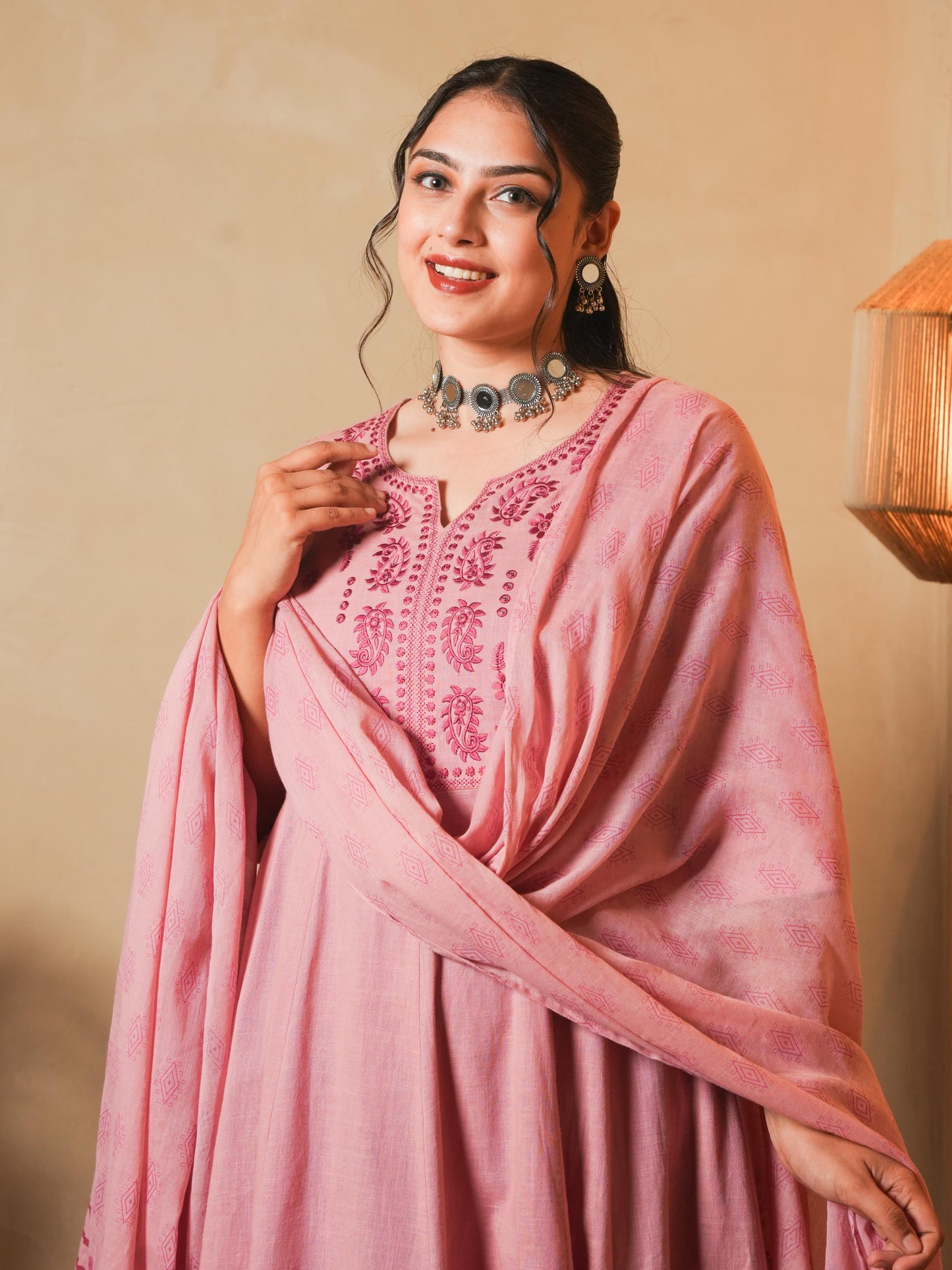 Embroidered Natural Cotton Solid Anarkali Pink