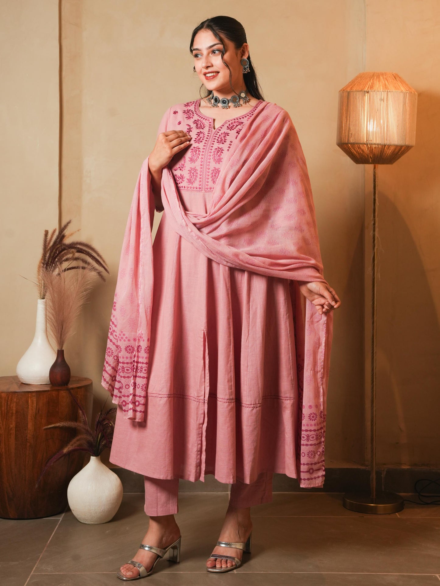 Embroidered Natural Cotton Solid Anarkali Pink
