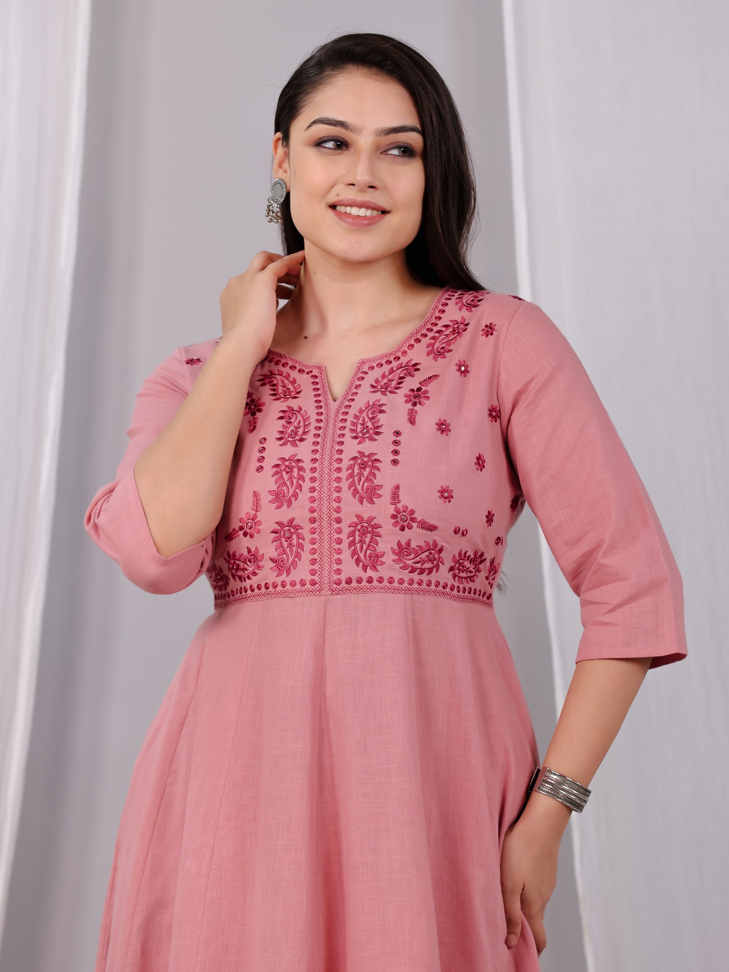 Embroidered Natural Cotton Solid Anarkali Pink Kurta