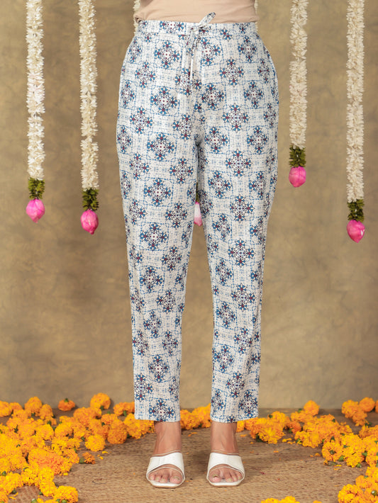 Soft Cotton Geometric White Tapered Trousers