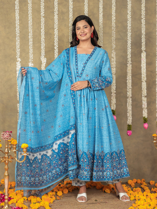 Voile Cotton Floral Blue Dupatta