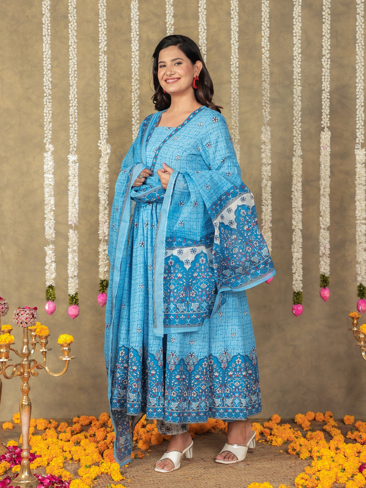 Voile Cotton Floral Blue Dupatta