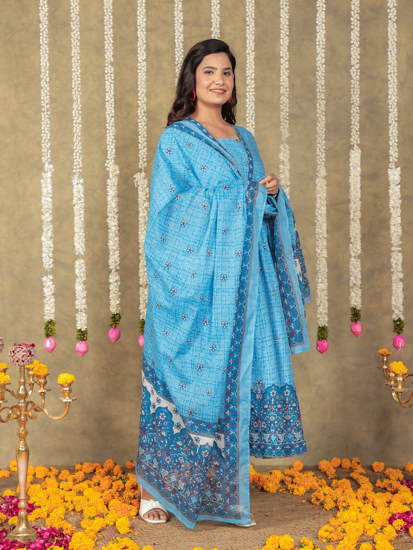 Voile Cotton Floral Blue Dupatta