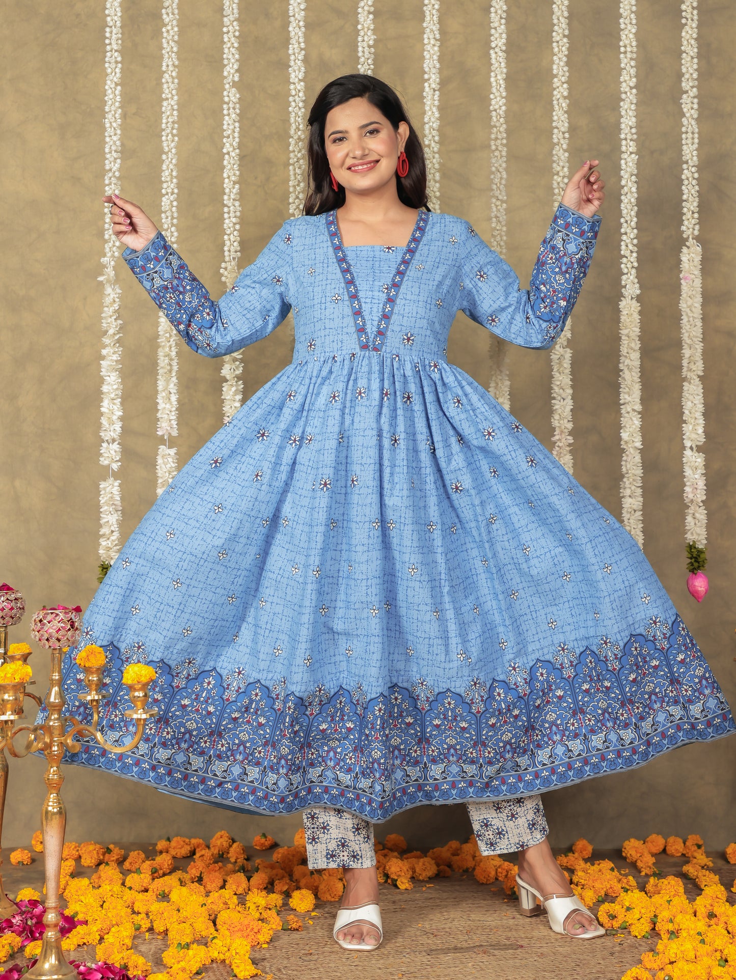 Soft Cotton Floral Anarkali Blue Kurta