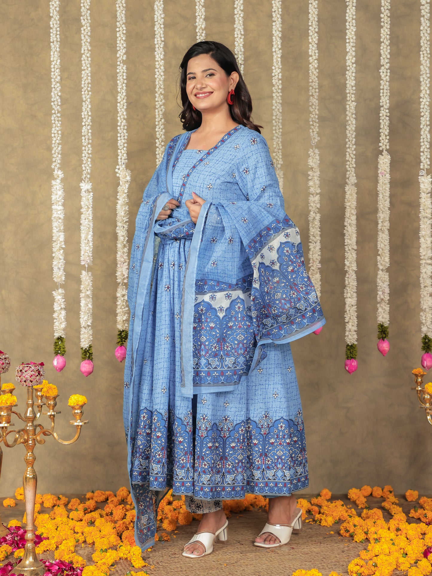 Soft Cotton Floral Anarkali Blue Kurta