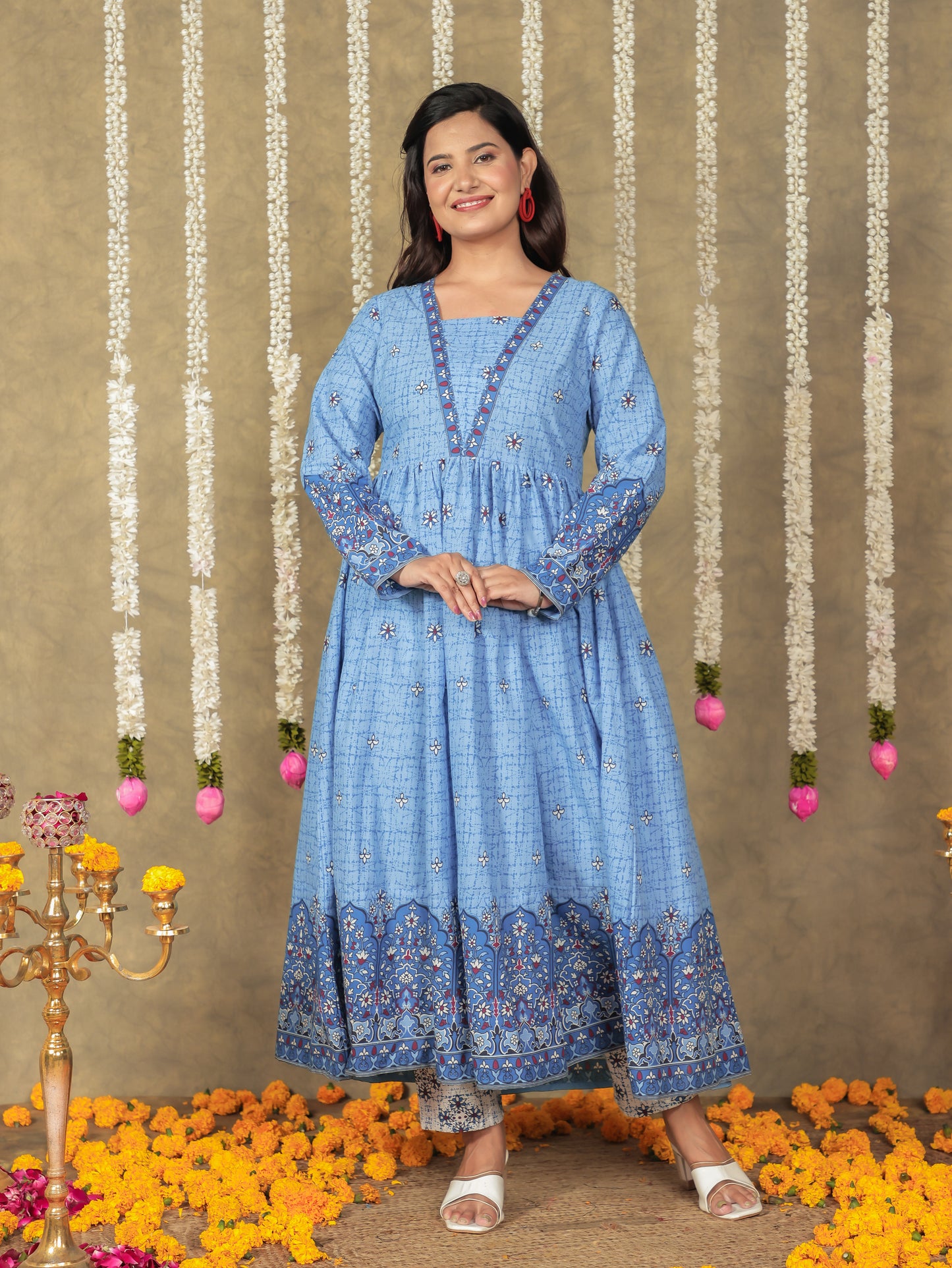 Soft Cotton Floral Anarkali Blue Kurta