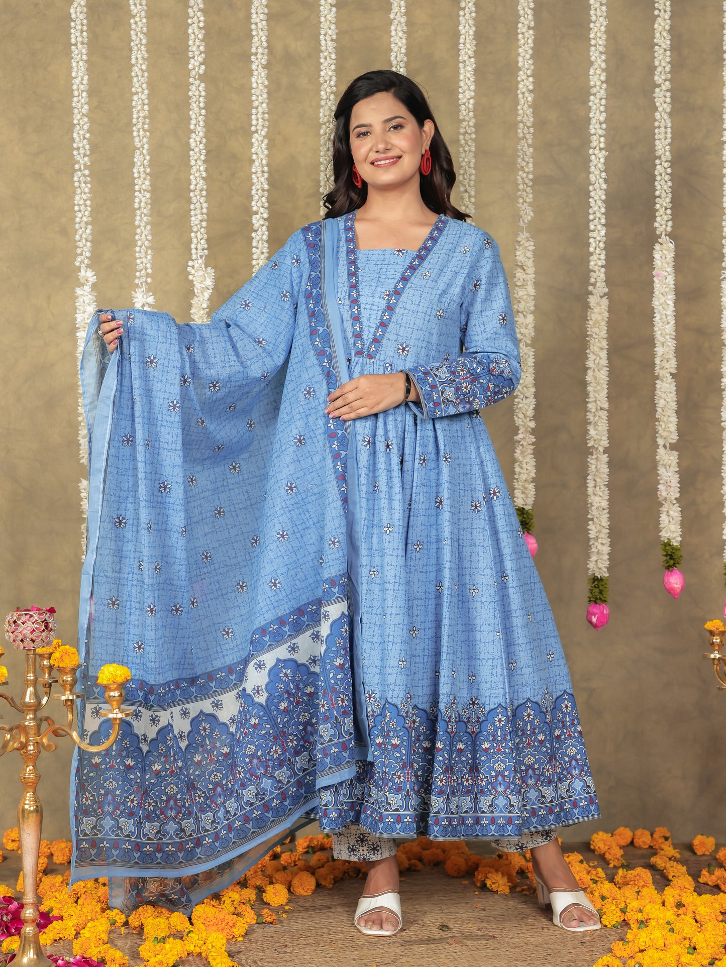 Soft Cotton Floral Anarkali Blue Kurta