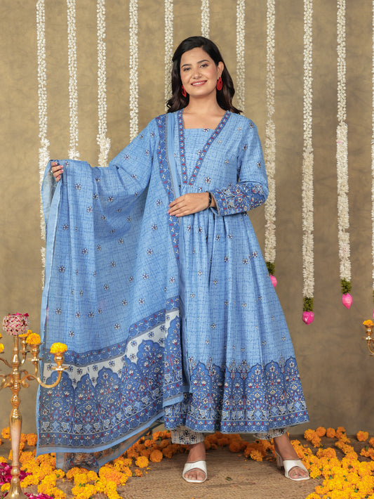 Soft Cotton Floral Anarkali Blue Kurta