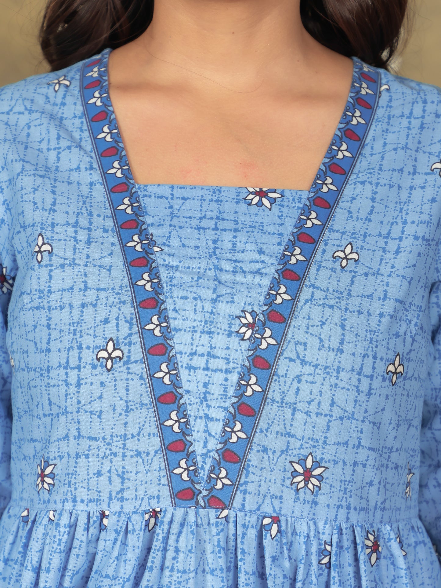 Soft Cotton Floral Anarkali Blue Kurta