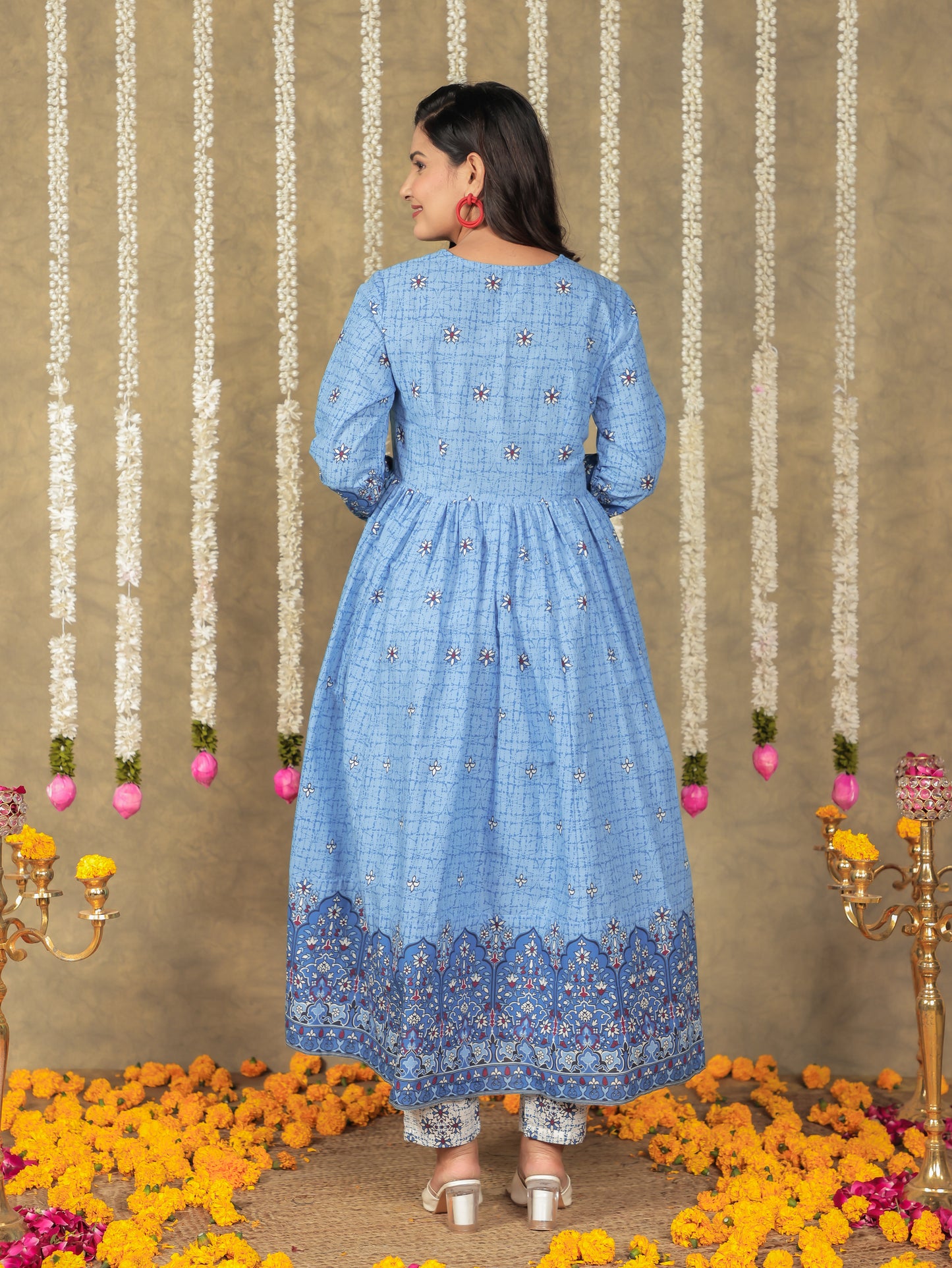 Soft Cotton Floral Anarkali Blue Kurta