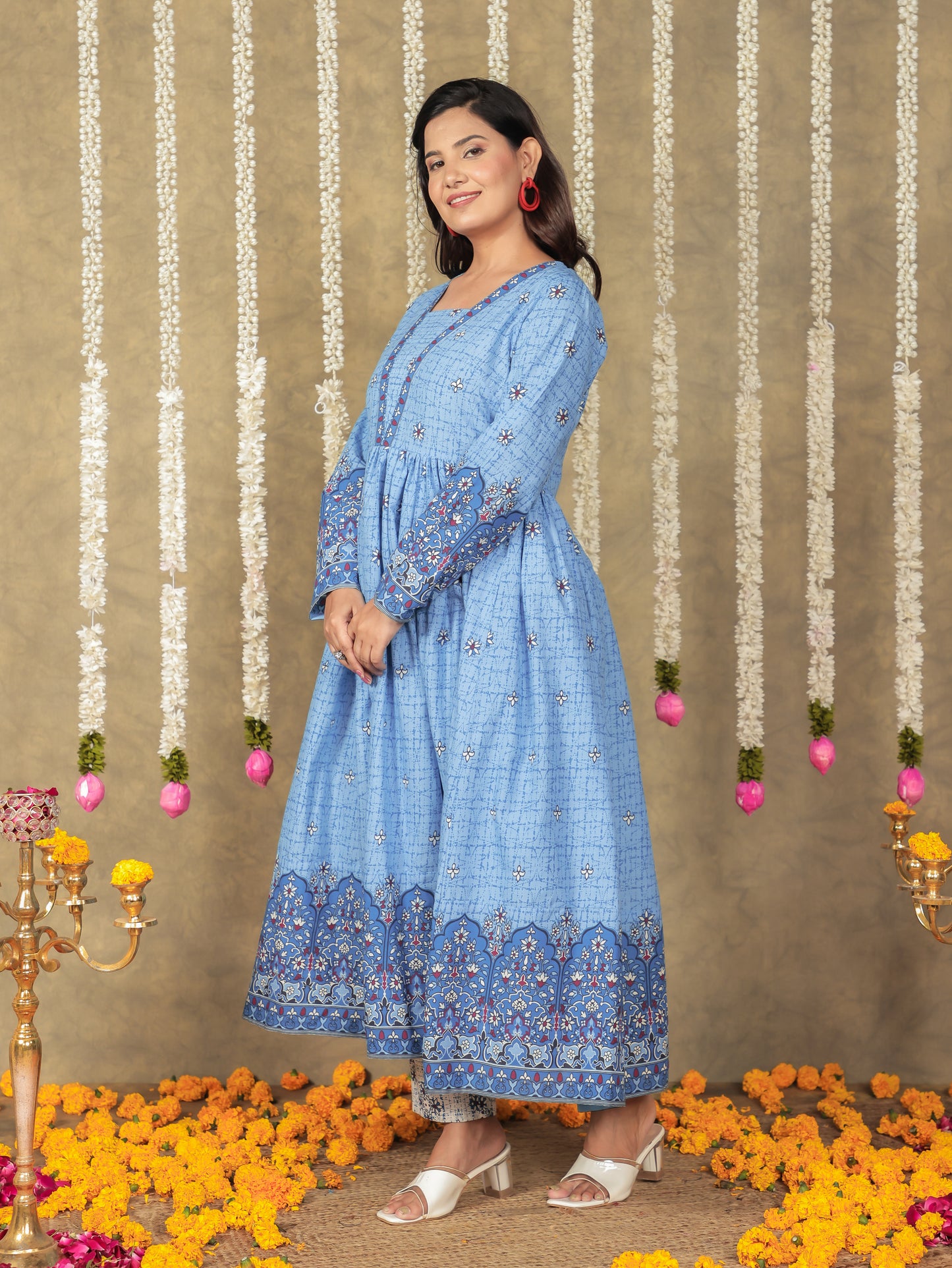 Soft Cotton Floral Anarkali Blue Kurta