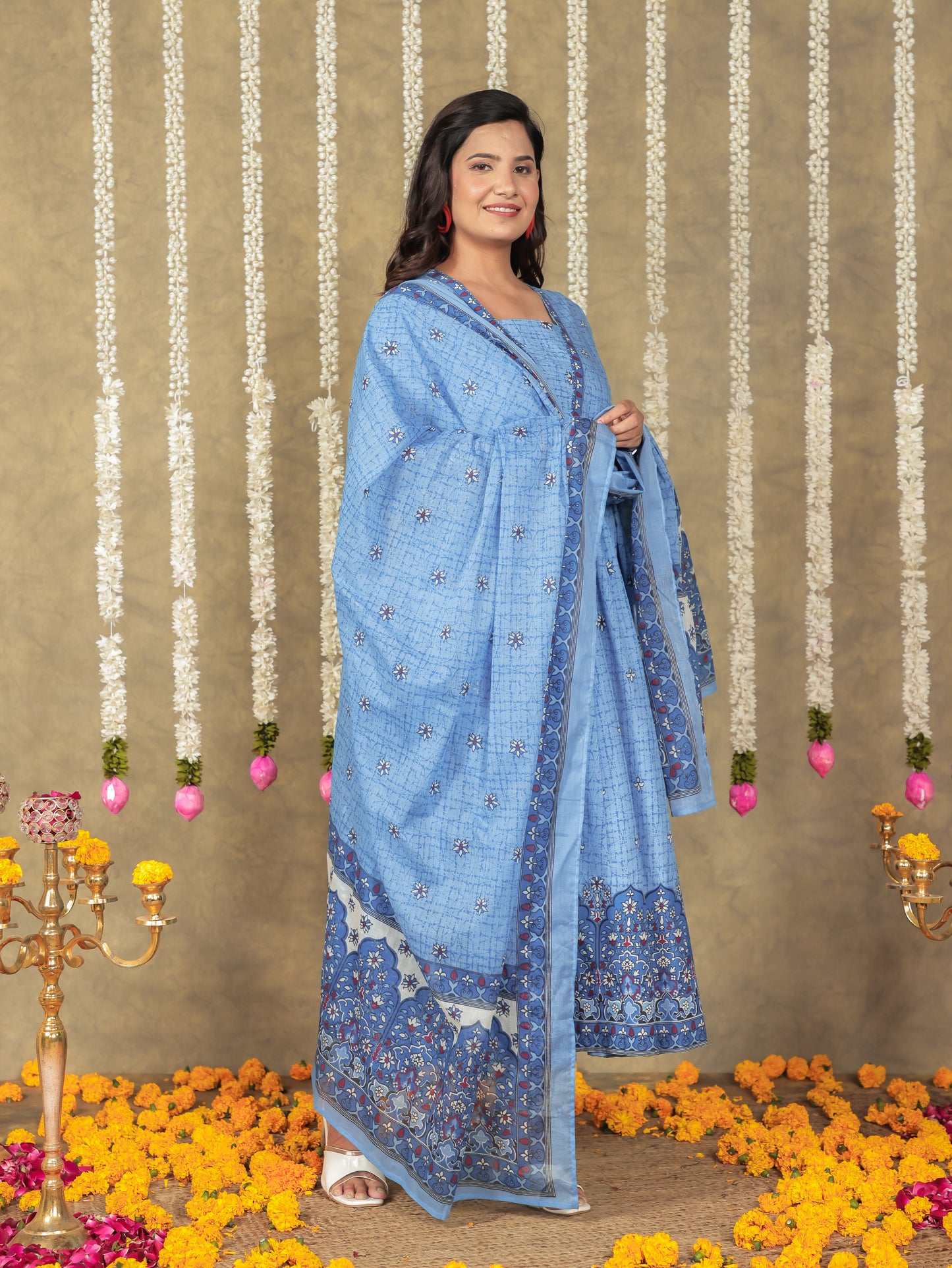Soft Cotton Floral Anarkali Blue Kurta