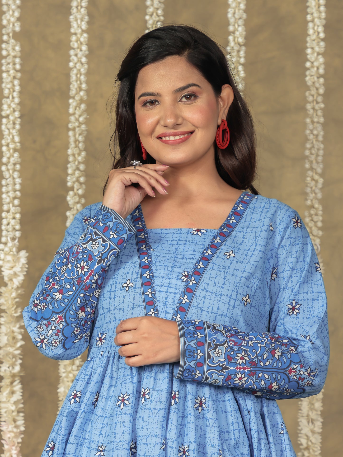 Soft Cotton Floral Anarkali Blue Kurta