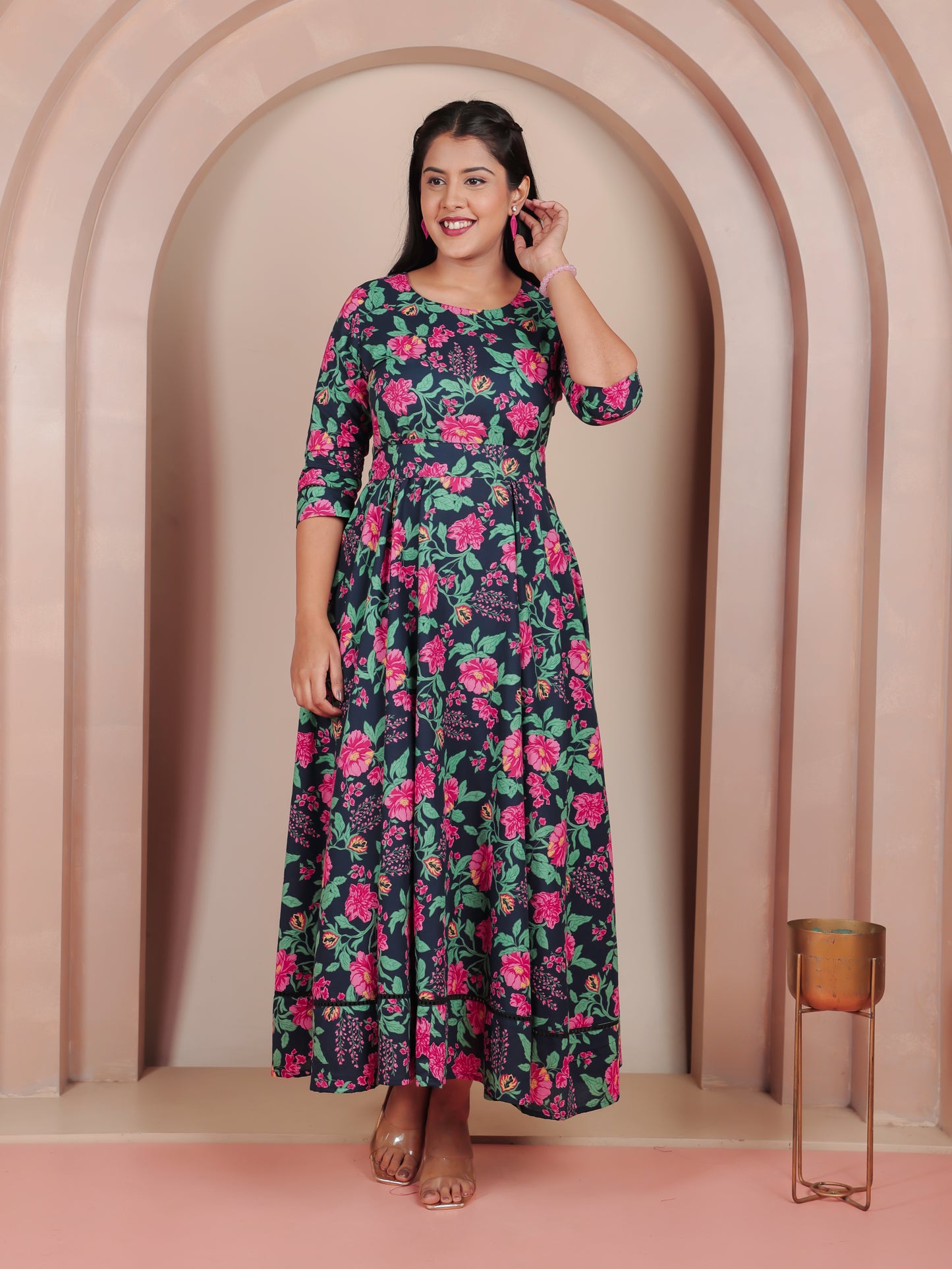 Soft Cotton Floral Anarkali Blue Dress