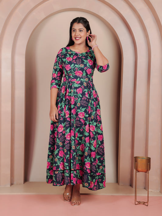 Soft Cotton Floral Anarkali Blue Dress