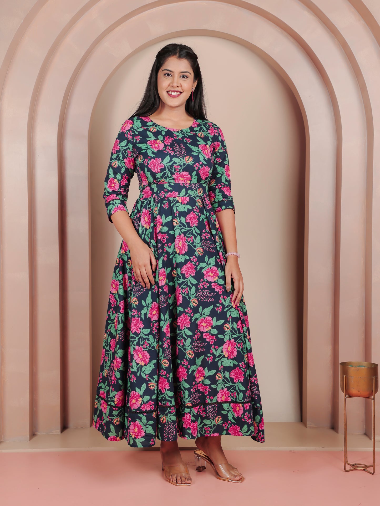 Soft Cotton Floral Anarkali Blue Dress