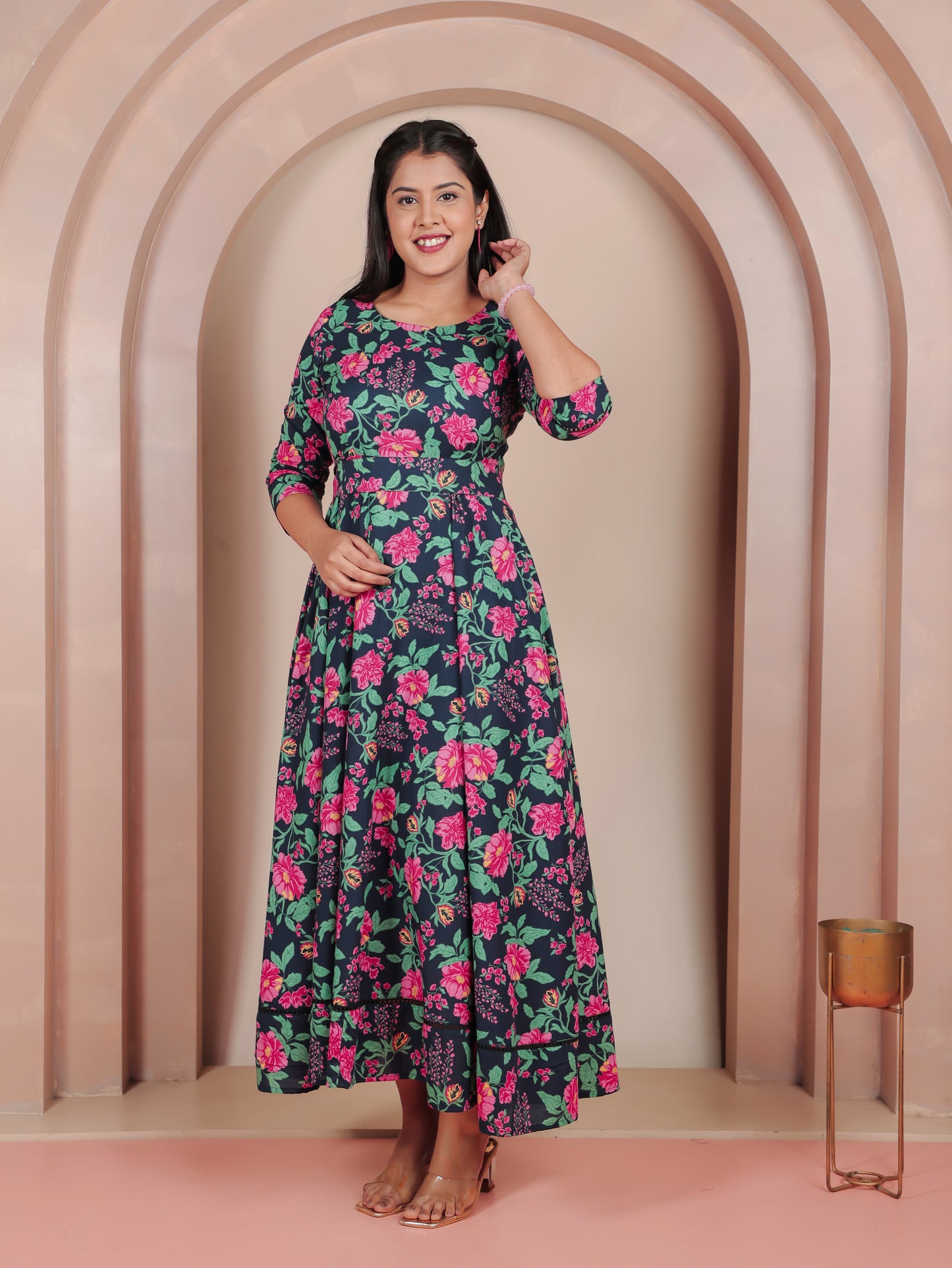 Soft Cotton Floral Anarkali Blue Dress