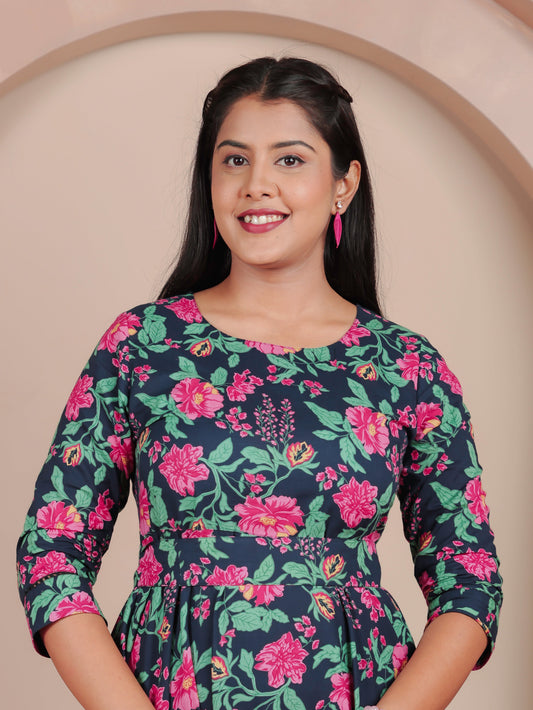 Soft Cotton Floral Anarkali Blue Dress