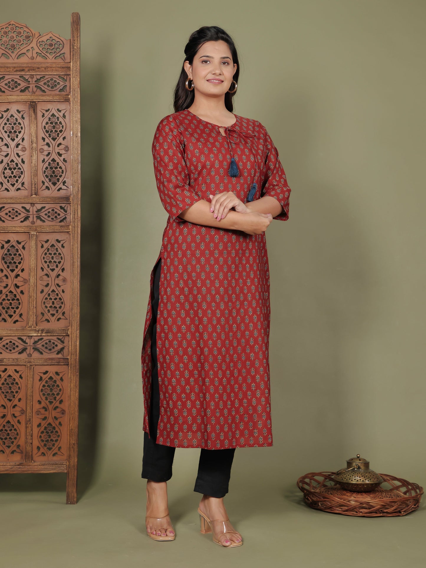Soft Cotton Floral Straight Brown Kurti