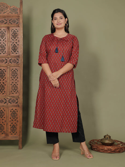 Soft Cotton Floral Straight Brown Kurti