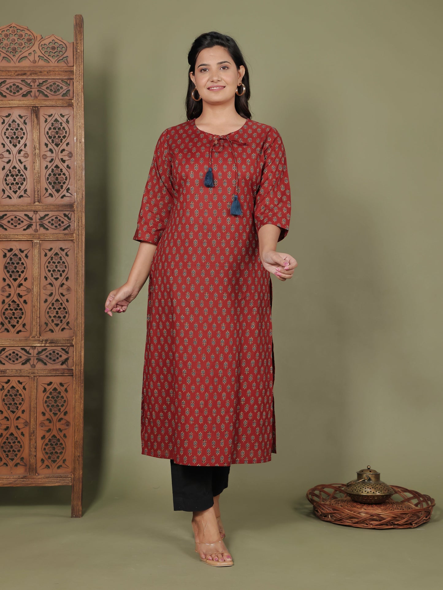 Soft Cotton Floral Straight Brown Kurti