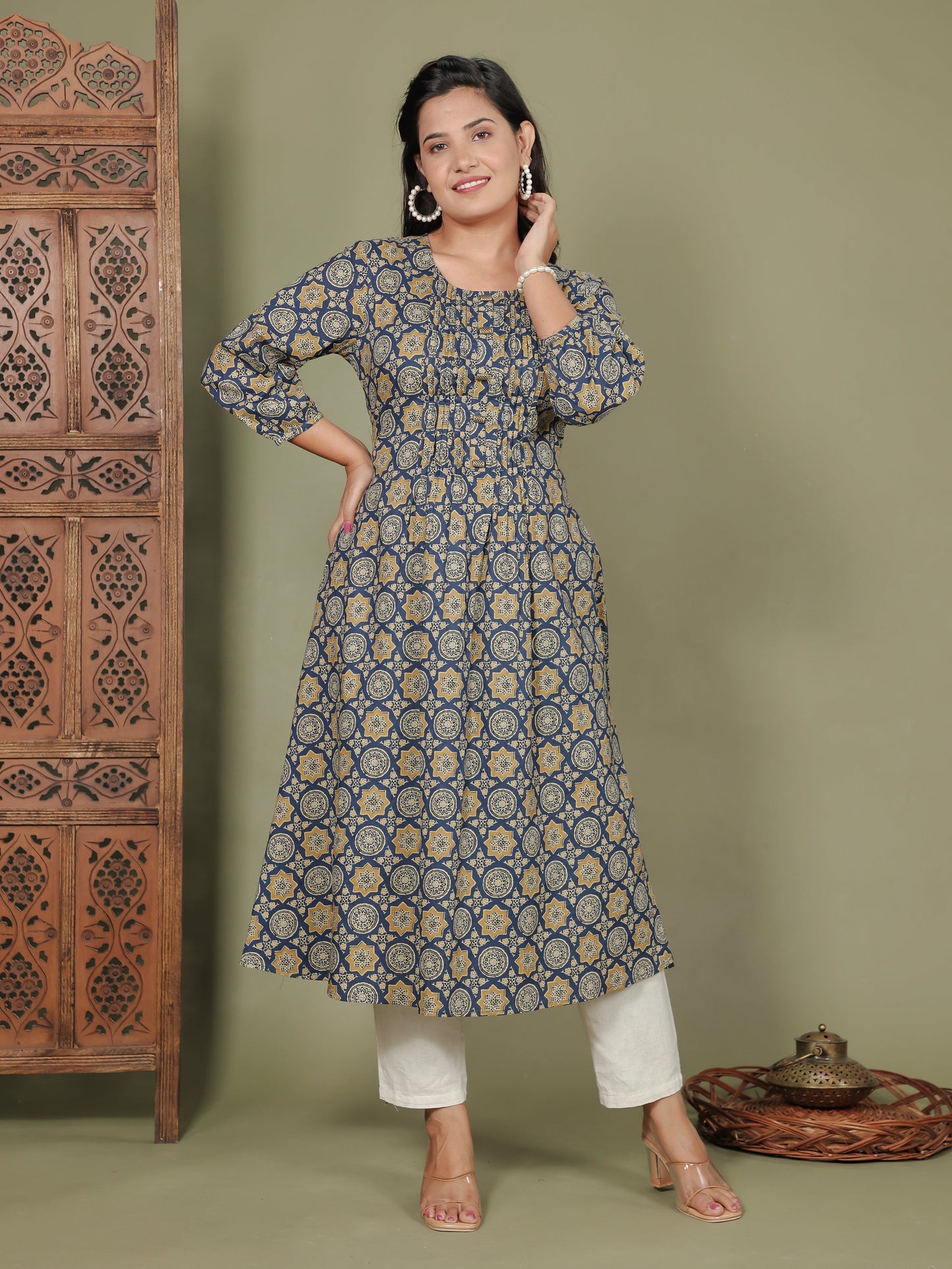 Soft Cotton Geometric Flared Blue Dress