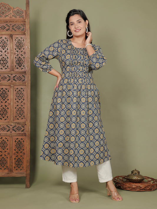 Soft Cotton Geometric Flared Blue Dress